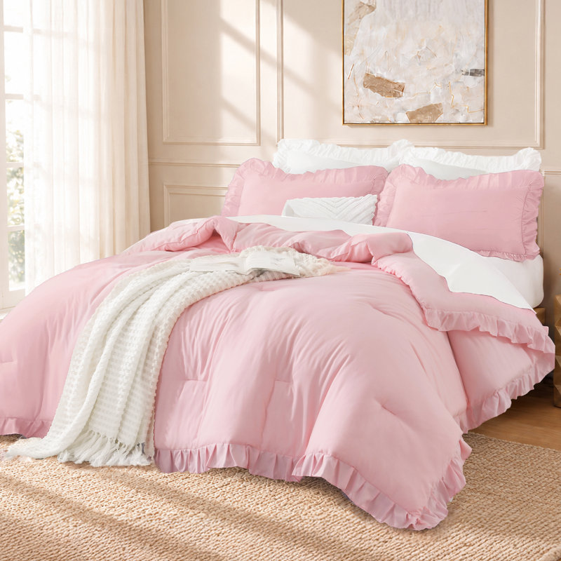 Pink Comforter Set Queen Size, 3 Pieces Solid Pink Ruffle Comforter Set for Queen Bed, All Season Vintage Rustic Soft Microfiber Bedding Set for Women Girls