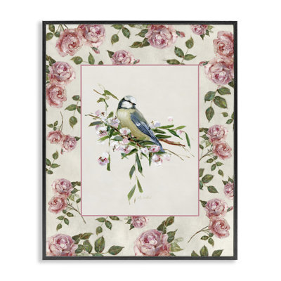 Dicature de roses délicates et d'oiseaux perchés encadrés, design par Sally Swatland
