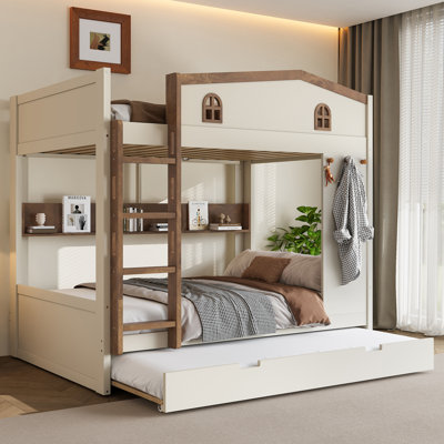Lit superposé double avec lit gigogne, tablettes et crochets de rangement - Lit superposé en bois massif, sans sommier, beige / naturel