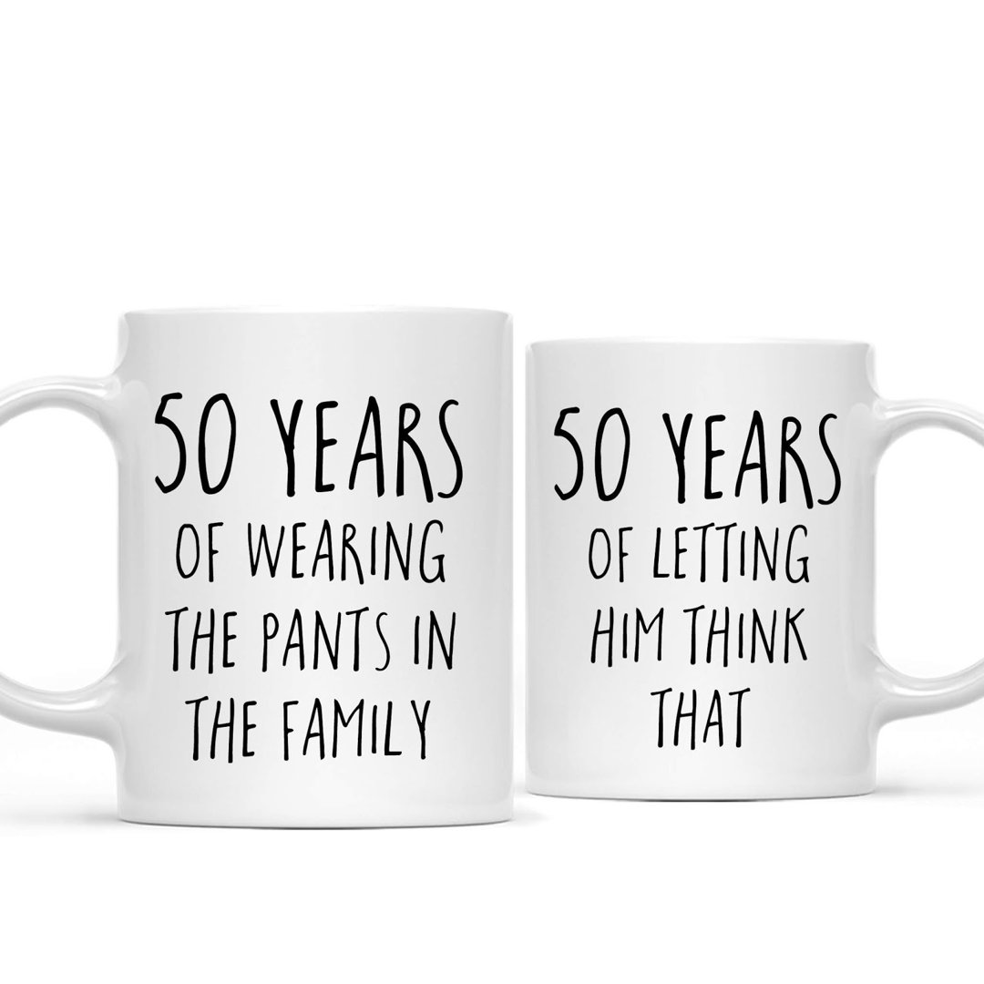 Funny 50Th Wedding Anniversary 11Oz. Couples Coffee Mug Gag Gift, 50 Years Of Wearing The Pants In The Family, Letting Him Think That, 2-Pack With Gift Box For Husband Wife Parents (Set of 2) Koyal Wholesale