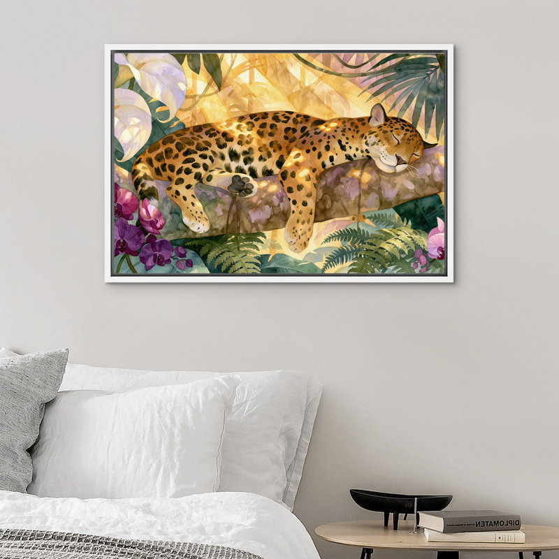 «Sleeping Leopard Tropical Jungle», reproduction d'art sur toile encadrée, H 16 po x l 24 po, Blanc