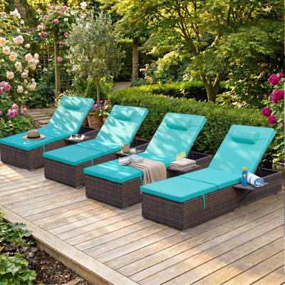  Ensemble de 4 chaises longues d'extérieur en rotin avec dossier inclinable, table d'appoint, coussins et coussins de tête