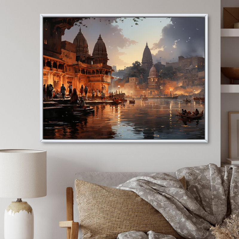Art indien indien beige et gris, art mural indien, H 34 po x l 44 po x P 1,5 po, Cadre flottant blanc