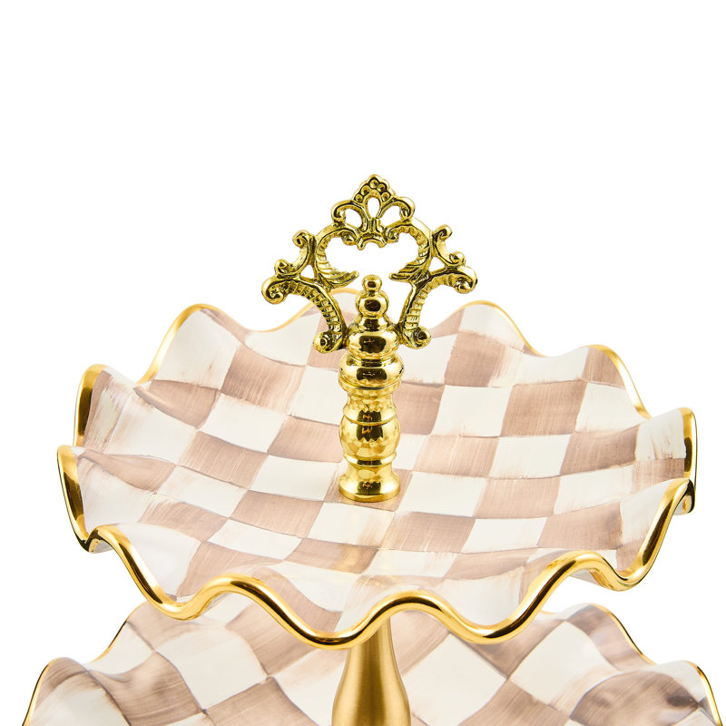 Mocha Check Ceramic Three Tier Sweet Stand