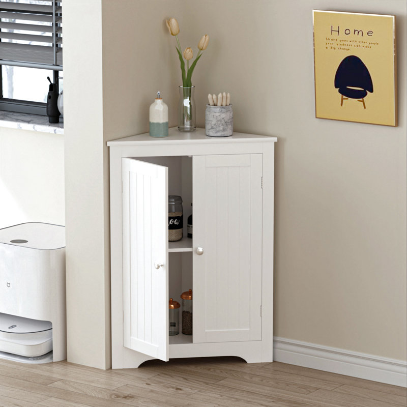 White Corner Storage Cabinet With Adjustable Shelf And 2 Doors - For Bathroom, Kitchen, Living Room Tempting Design Floor In For Room, Bedroom Freestanding Narrow