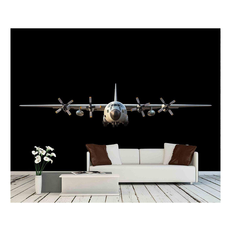 Avion de transport militaire sur fond noir, grand papier peint auto-adhésif, L 66 po x l 96 po