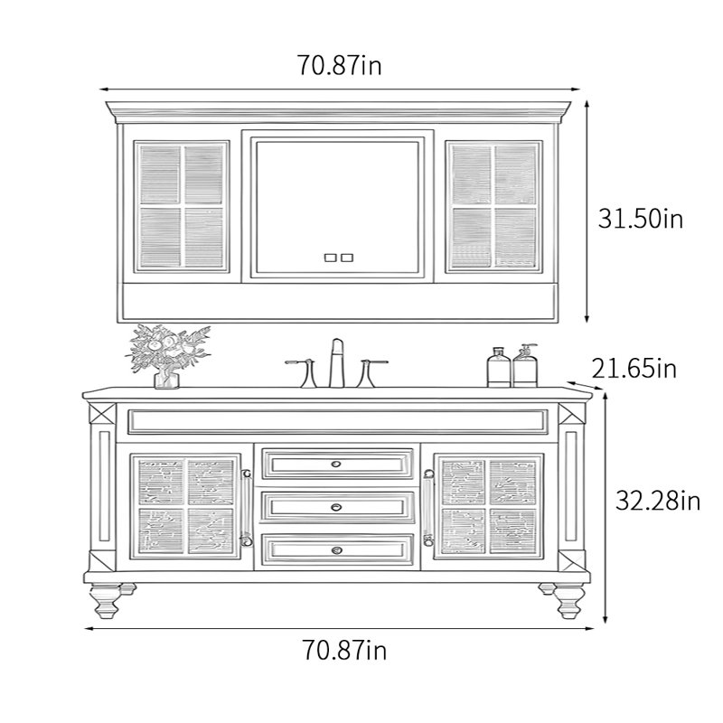 French style exquisite simple bathroom cabinet., 32.28" H x 70.87" W x 21.65" D
