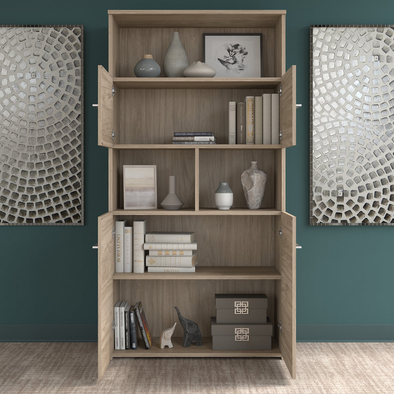 Bush Business Furniture Office 500 72W Height Adjustable Standing Desk with Storage and Bookcase, Modern Hickory