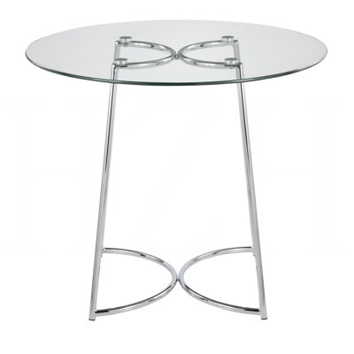Table de salle à manger contemporaine en chrome avec plateau en verre transparent