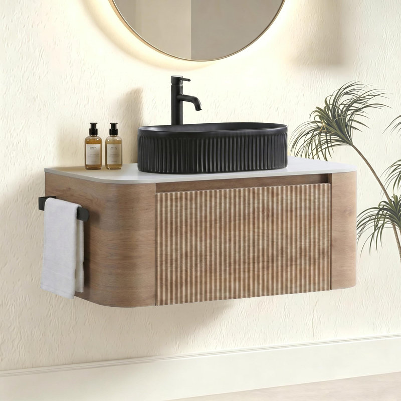Meuble-lavabo de salle de bain moderne et incurvé, Honey Oak, 36, Black
