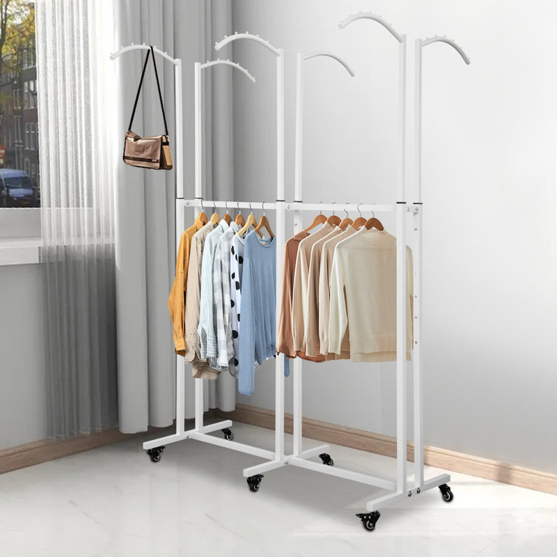 6 Arc Arm Height Adjustable Floor Stand Clothing Display Rack With Wheels, White