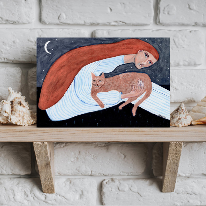 Cat Lover Sitting Under The Stars And Moon - Ginger Cat by Sharyn Bursic - Wrapped Canvas Print, Blue/Orange/White