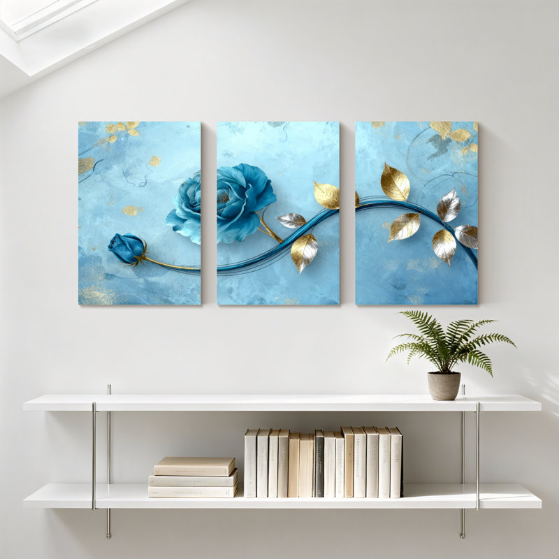 Pivoine, rose bleue et feuilles d'or sur fond bleu, ensemble de 3 impressions sur toile, H 30 po x l 60 po