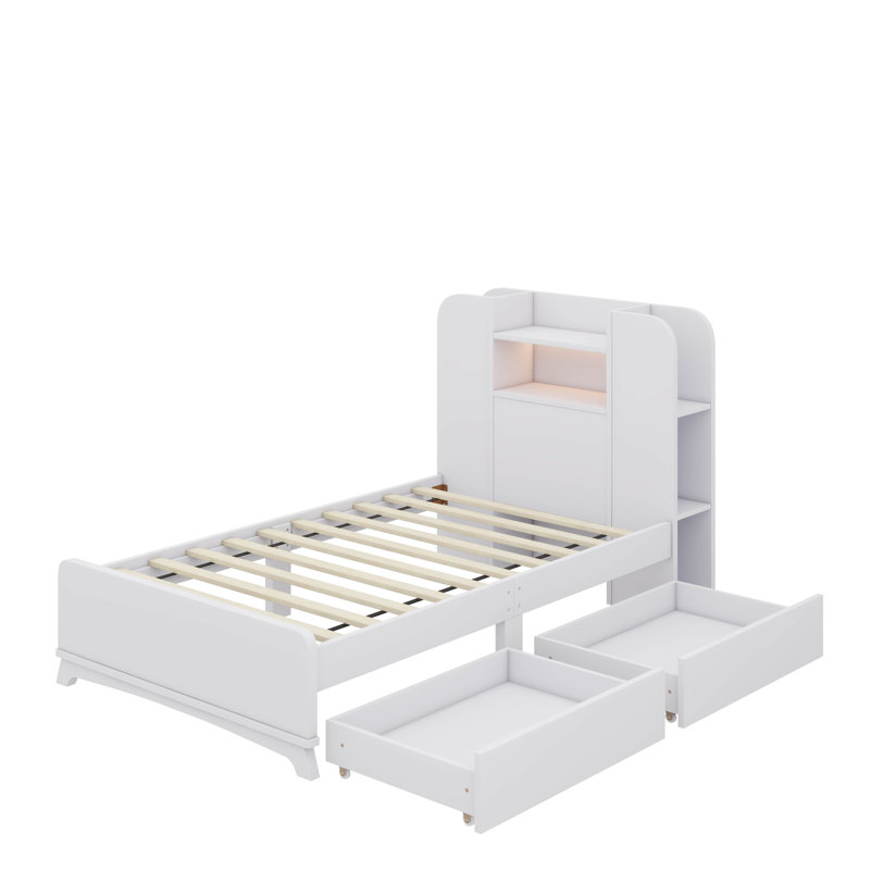 Une base de lit simple avec deux tiroirs et une tête de lit ornée d'une bande lumineuse, Blanc