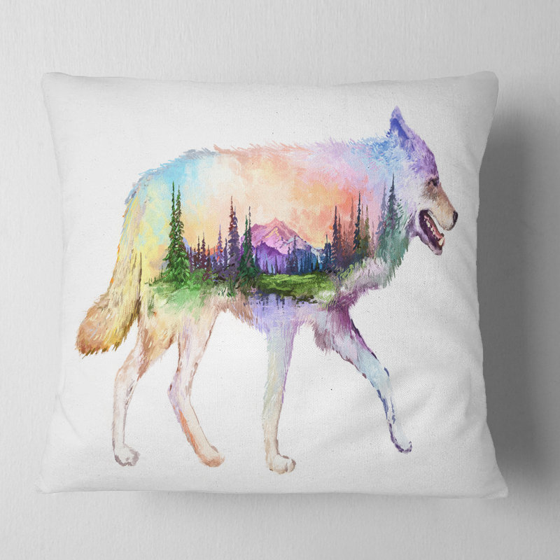 Loup double exposition - coussin imprimé animal, 18 po x 18 po, Coussin décoratif