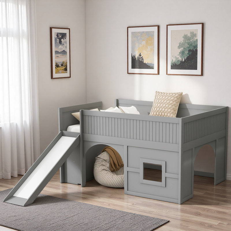 Lit mezzanine bas en bois avec glissade, tablettes de rangement, porte et fenêtre, Gris