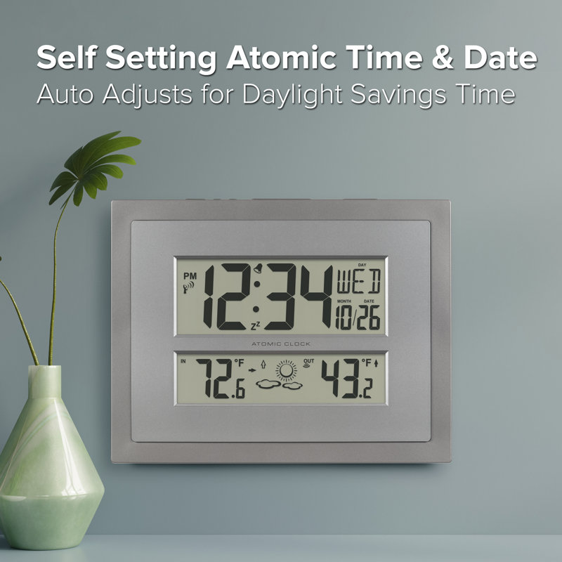 Gray and Silver Atomic Digital Wall Clock with Temperature Display