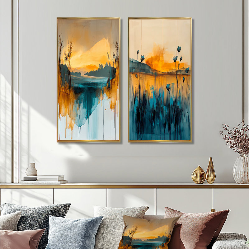 «Orange Twilight Calm Meadow I», ensemble d'art mural 2 pièces Meadow, H 28 po x l 24 po, Impression encadrée, Doré