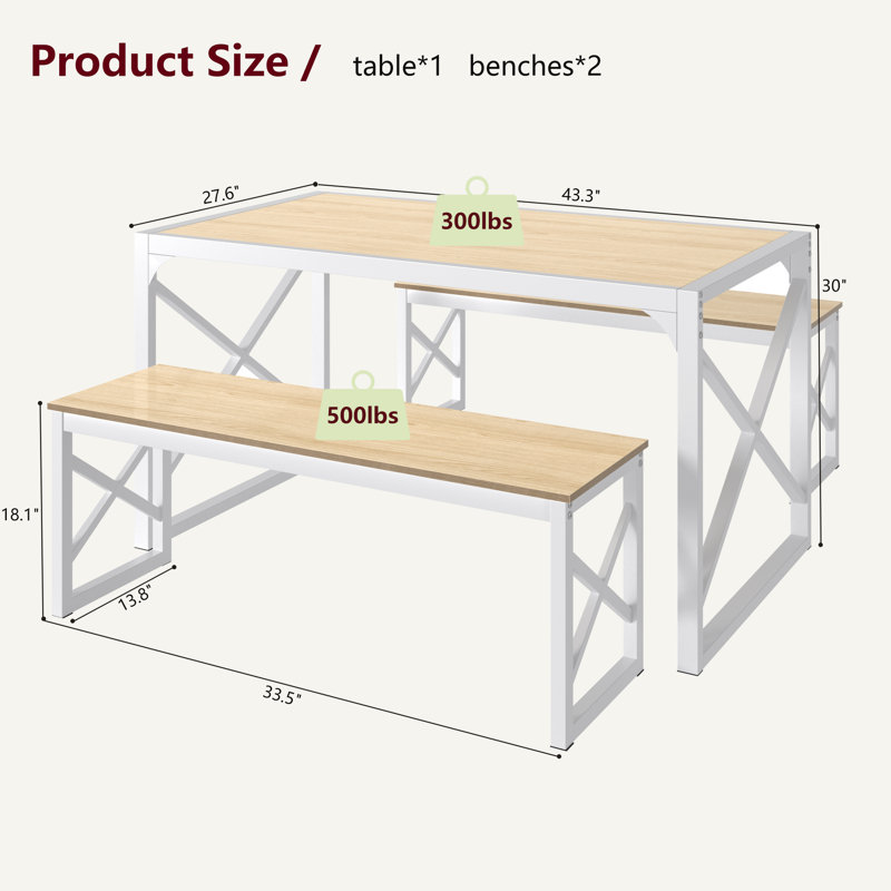 Oak 3-Piece Dining Table Set With Benches – Kitchen, Small Space, Farmhouse, 30" H x 27.6" W x 43.3" D