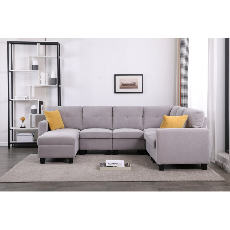 Upholstered L-Shaped Sectional, 100% Cotton Light Gray