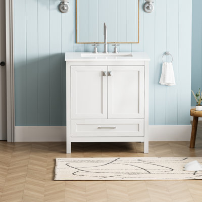 Meuble-lavabo de 30 po avec comptoir en marbre, armoire en bois massif blanc. Style élégant, mécanisme de fermeture en douceur. Meuble-lavabo 24V03-30Wh entièrement assemblé, comptoir d'armoire. Conception tendance, fermeture.
