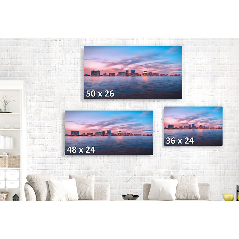 Coucher de soleil à Miami, centre-ville, travers la baie de Biscayne, bleu, rose, orange, H 48 po x l 24 po x P 1,5 po