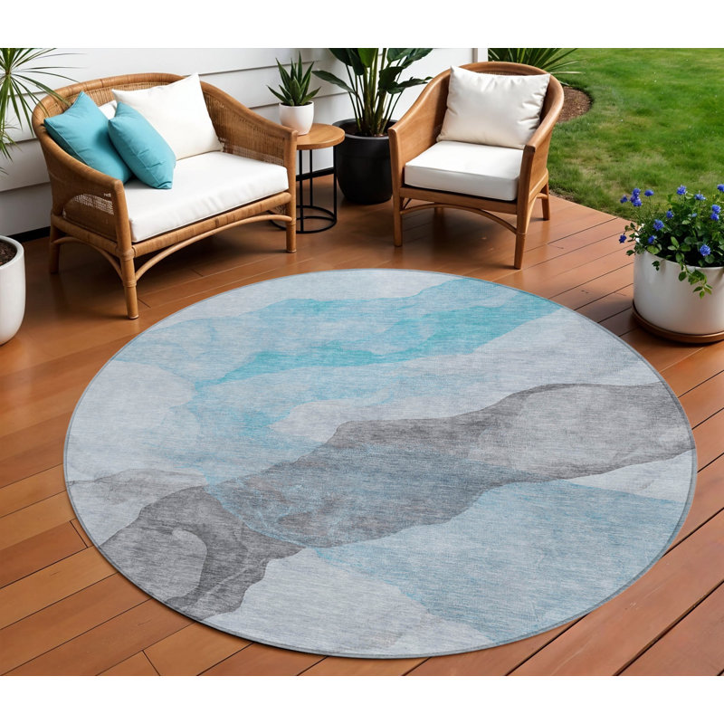 Tapis d'extérieur rond bleu et gris 8 pi