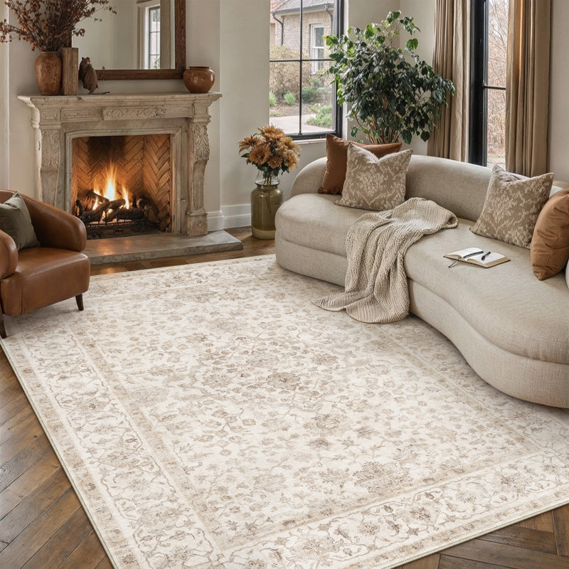Tapis floral lavable à la machine avec envers antidérapant beige Elora, Rectangulaire 8 pi x 10 pi, Beige