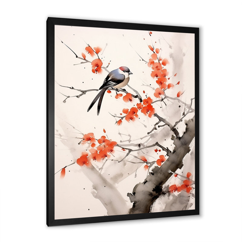 «Asian Art Sumi Bird Serenity VII», reproduction sur toile, H 44 po x l 34 po x P 1,5 po, Cadre photo noir