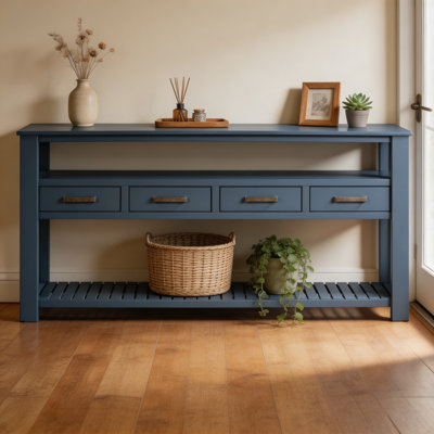 Console spacieuse de 61,5 pouces pour entrée, équipée de 4 tiroirs, avec étagères de rangement ouvertes à 3 niveaux et poignées métalliques. Table console multifonctionnelle pouvant servir de table d'appoint dans le salon, la chambre à coucher, le hall d'entrée ou la cuisine.
