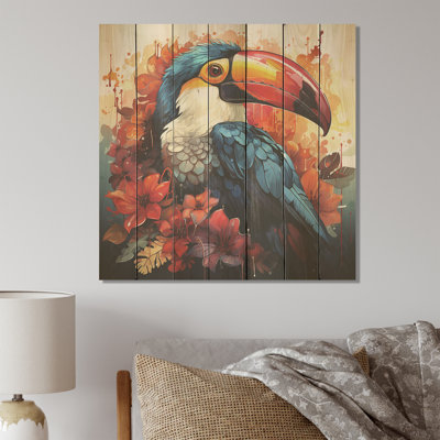 Toucans tropicaux bleus et rouges - animal toucan sur bois