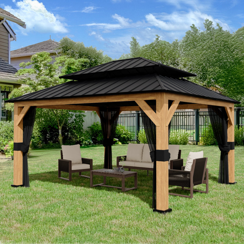 13 Ft. W X 11 Ft. D Solid Wood Outdoor Hard Top Patio Gazebo With Mosquito Netting