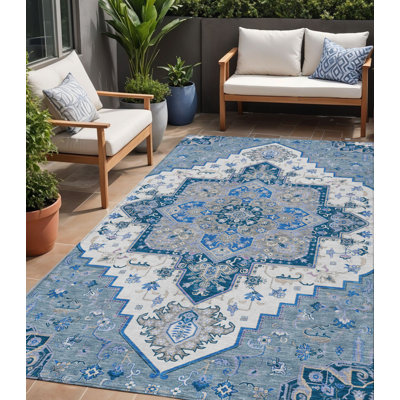 5' X 8' Blue Grey And Ivory Oriental Washable Indoor Outdoor Area Rug