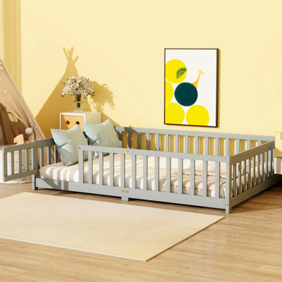 Full Size Floor Bed In Grey, Made Of Rubber Wood, With Fence For ' Protected Sleep, Effortless Assembly Grey And Platform, Quality Easy To Assemble Tight Spaces