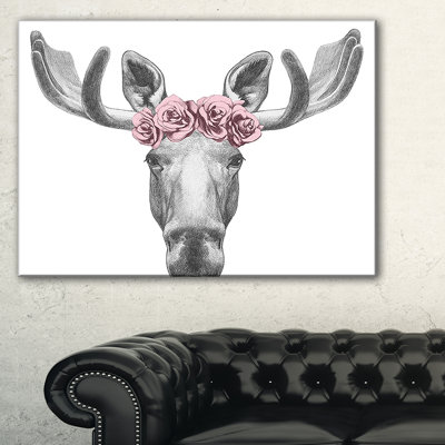 Moose With Floral Head Wreath Moose - Wrapped Canvas Graphic Art