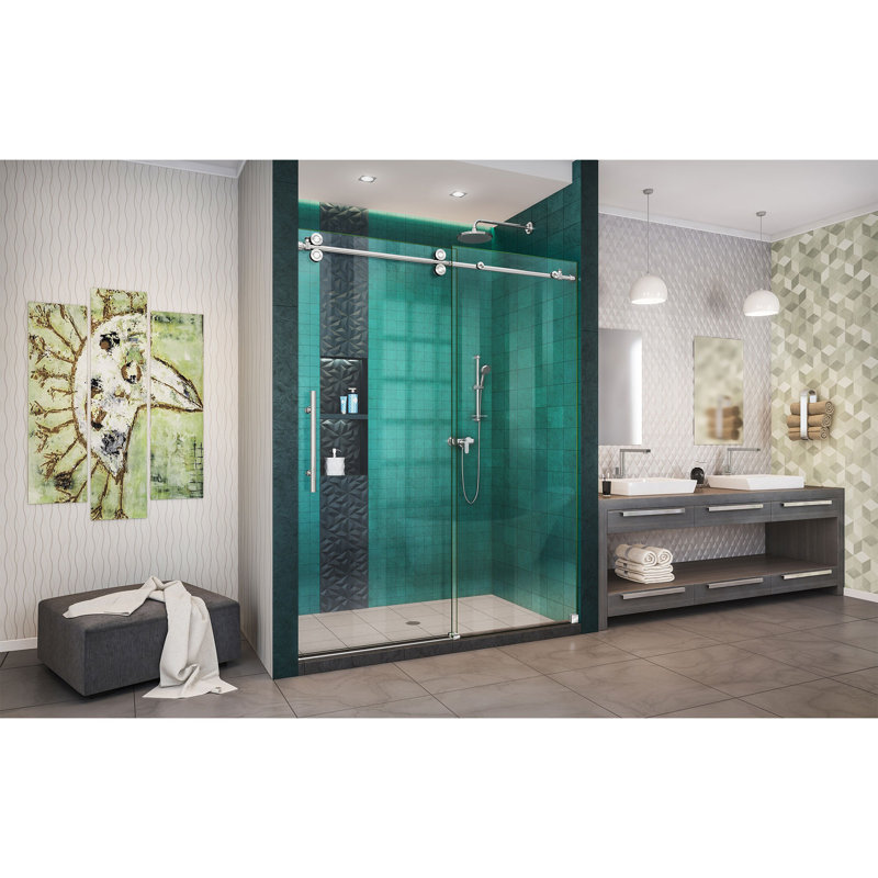 Porte de douche coulissante simple sans cadre H 76 po avec technologie ClearMax™ Enigma-XO, Acier inoxydable poli