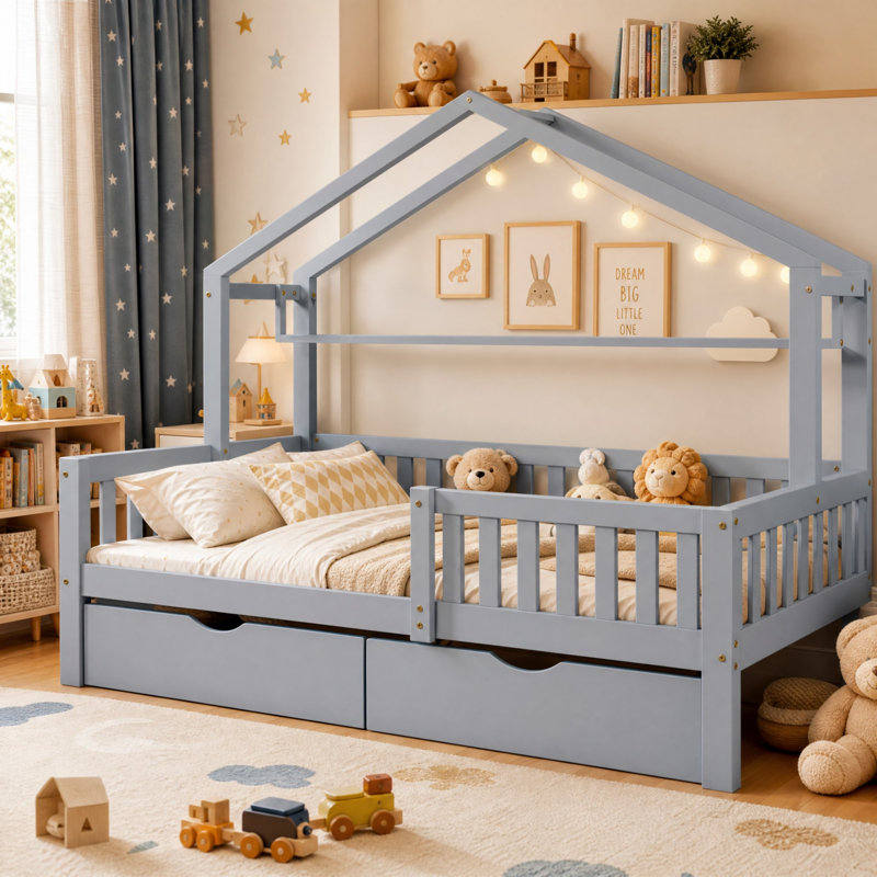 Aito Kids House Bed With Two Drawers, Gray, Twin
