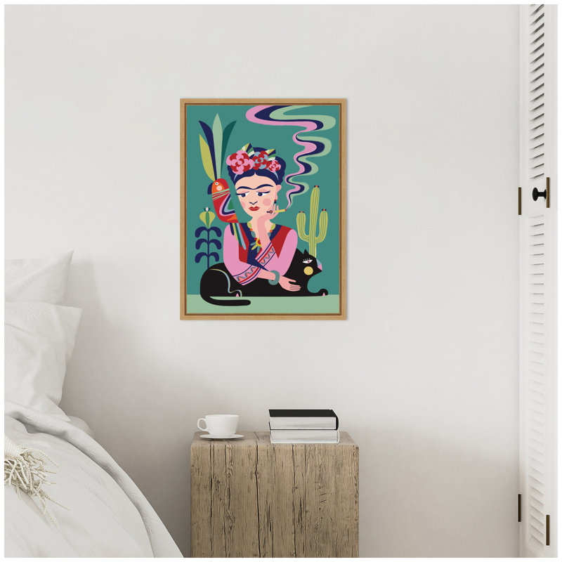 «Frida Kahlo and the Black Cat» par Rachel Lee, 3 oiseaux, reproduction d'art sur toile encadrée