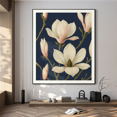 Très grande reproduction d'art Magnolia Blossom - Élégante décoration botanique blanche et rose pour salon ou chambre