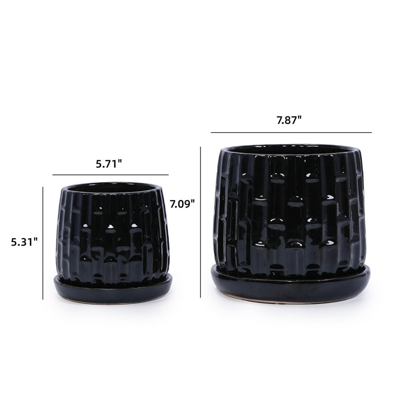  Ceramic Plant Pots, 7 + 5 Inch, Set of 2 Flower Pots with Drainage Hole and Saucer, Bamboo Pattern Planter for Plants Orchids Succulents Indoor/Outdoor - Black