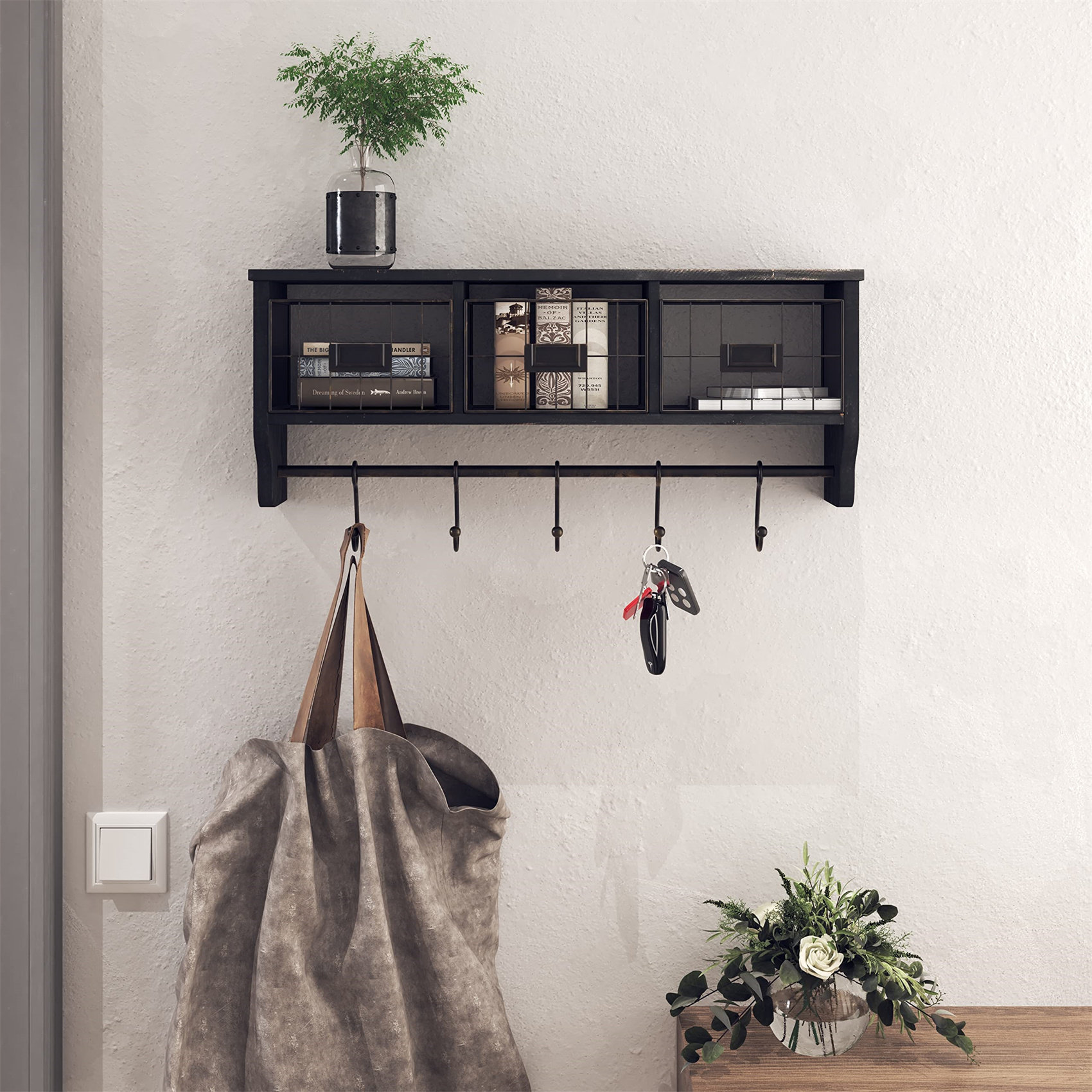 Homfa Wall Mirror with Shelf, 3 Hanging Hooks of Wood Frame