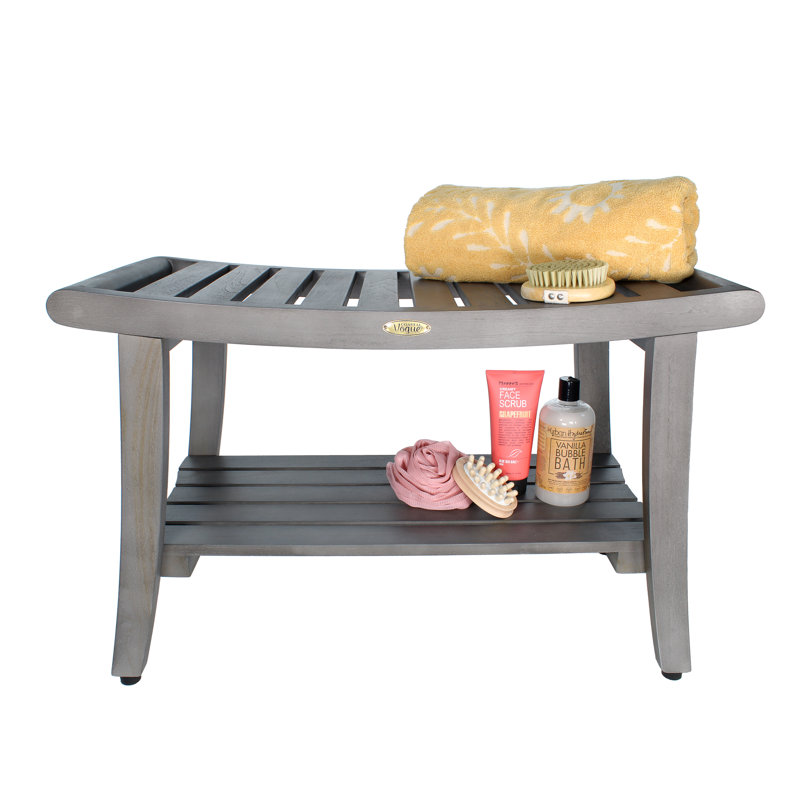 Coastal Vogue Harmony 30" Teak Shower Bench with Shelf Antique Gray Shower Bench for Inside Shower