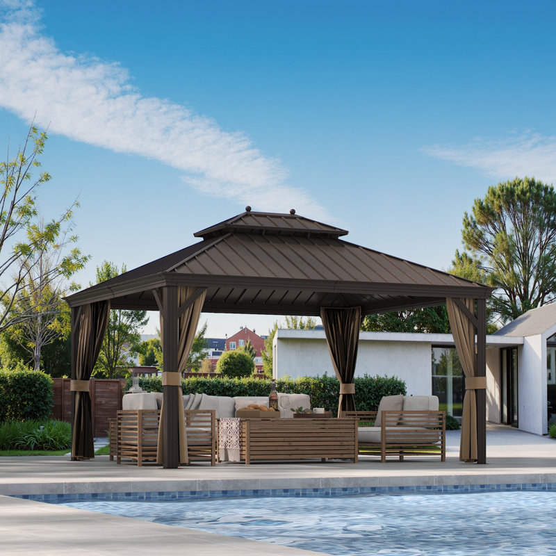 12X14FT Outdoor Hardtop Gazebo with Double Galvanized Steel Roof, Built-In Hooks & Anchored Base for Garden, Patio & Backyard