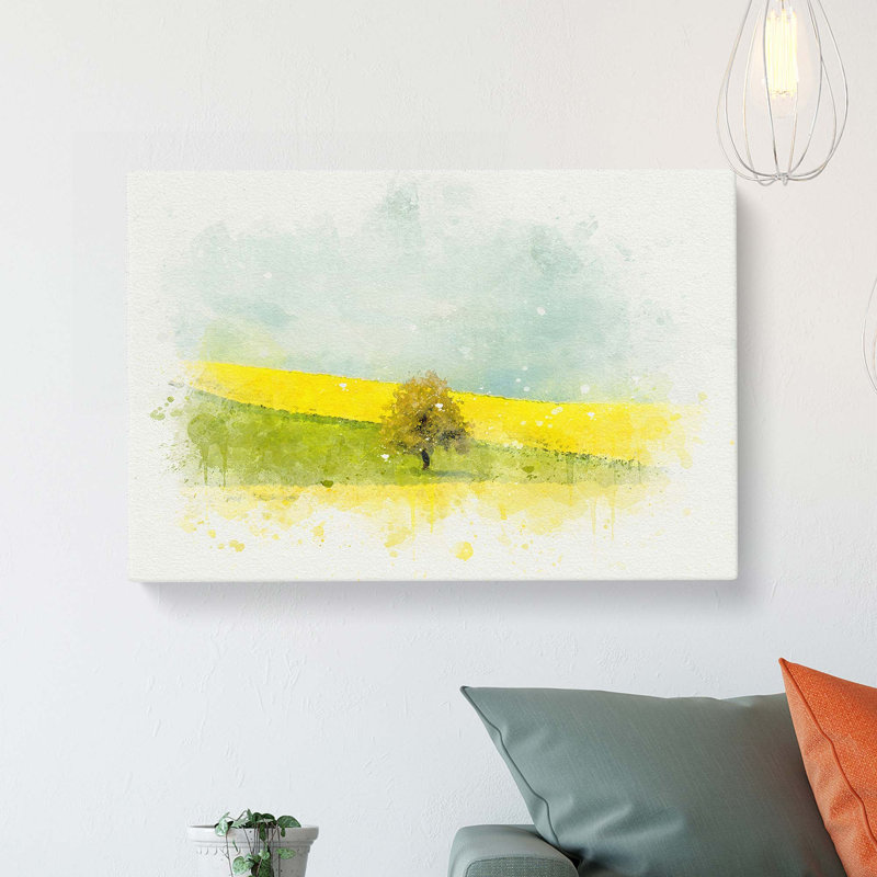 Lone Tree In A Yellow Meadow In Abstract - Wrapped Canvas, 35cm H x 50cm W x 3cm D