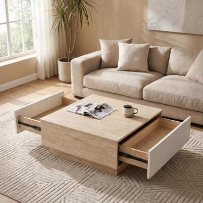 Table basse moderne en faux travertin avec 2 tiroirs, table de centre minimaliste d'aspect pierre beige avec tiroirs de rangement en peinture mate, table basse contemporaine pour le salon Wabi-Sabi
