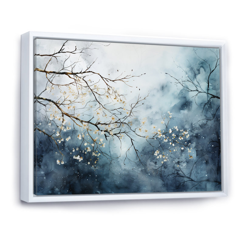 " Winter Tree Minimal Landscape II ", 16" H x 32" W x 1" D, White Floater Framed