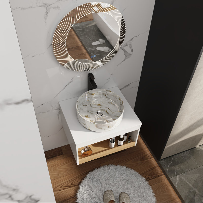 Meuble-lavabo mural 24 po avec lavabo rond et rangement ouvert, Golden Sand