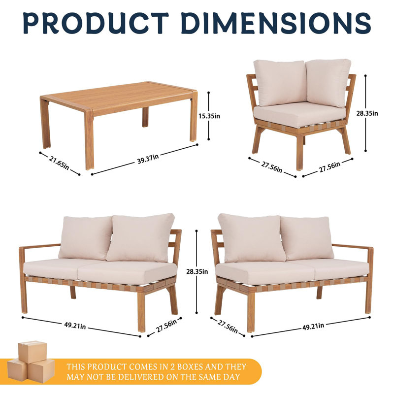 Ensemble de mobilier d'extérieur en forme de L 4 pièces, canapé modulaire en aluminium avec finition grain de bois, sièges rembourrés et table basse en bois plastique, ensemble de conversation moderne