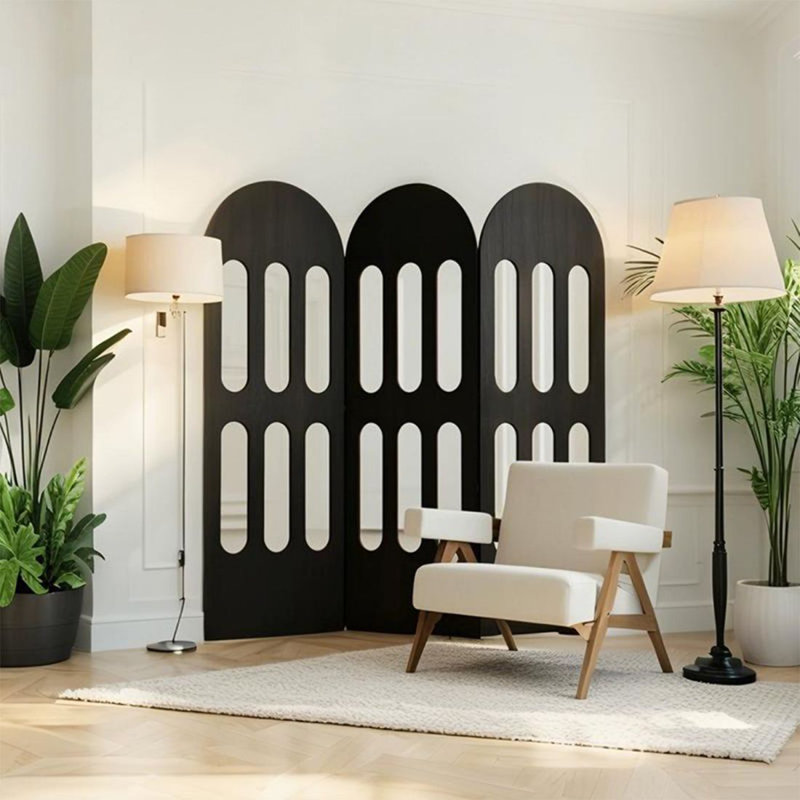 Paravent 3 panneaux en bois massif noir, H 1,97 po x l 59,06 po x P 78,74 po