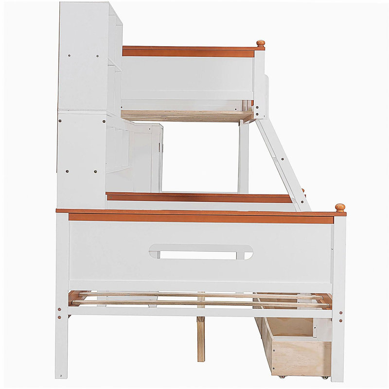 Lit superposé simple au-dessus d'un lit double en bois avec garde-robe, tiroirs, tablettes et lumière DEL (blanc + orange)